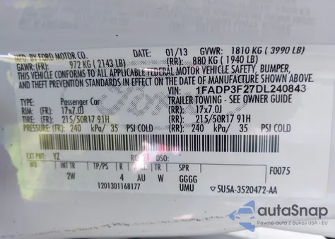 2013 Ford Focus Se из США, поврежденный, VIN 1FADP3F27DL240843